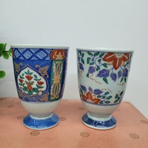 Pair Japanese Vintage Arita Porcelain Footed Tea Cups